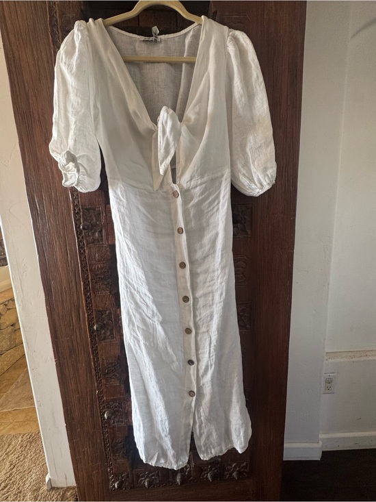 Civico 93 Dresses & Skirts - Civico Women’s White Button-Front Linen Midi Dress with Tie Neck(Italian)